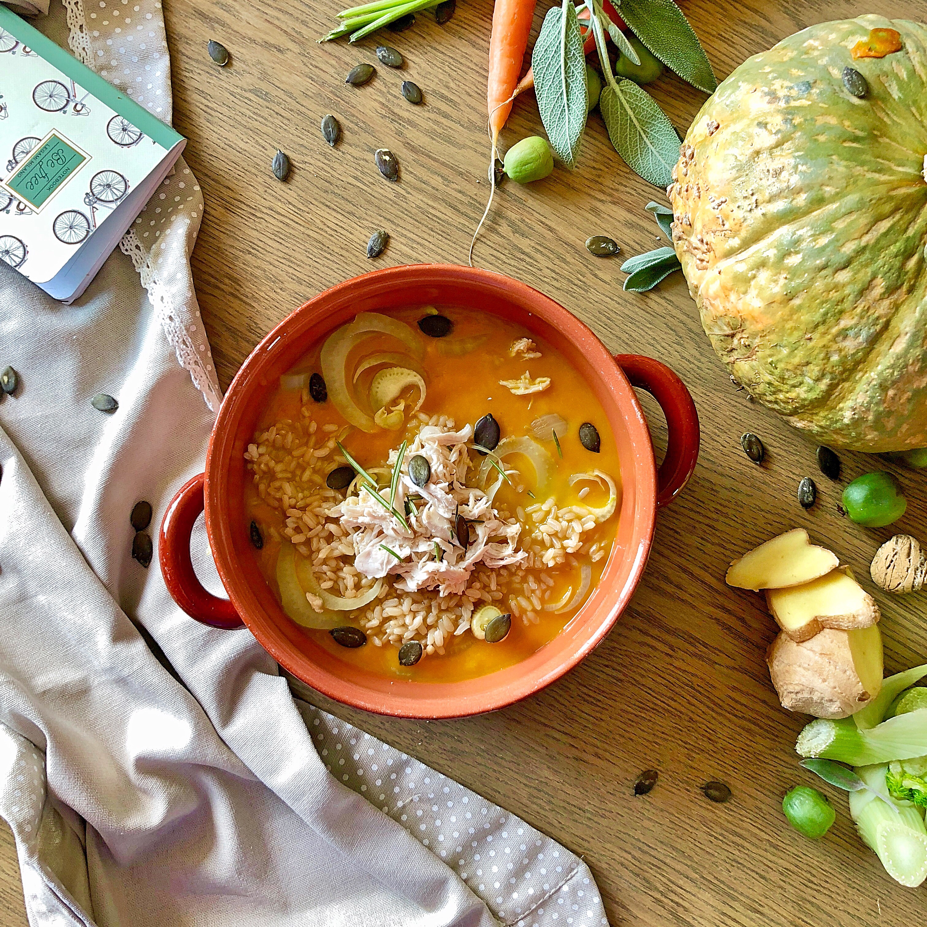 Crema di zucca, riso integrale, finocchi, zenzero e sfilaccini di pollo al rosmarino0 (0)